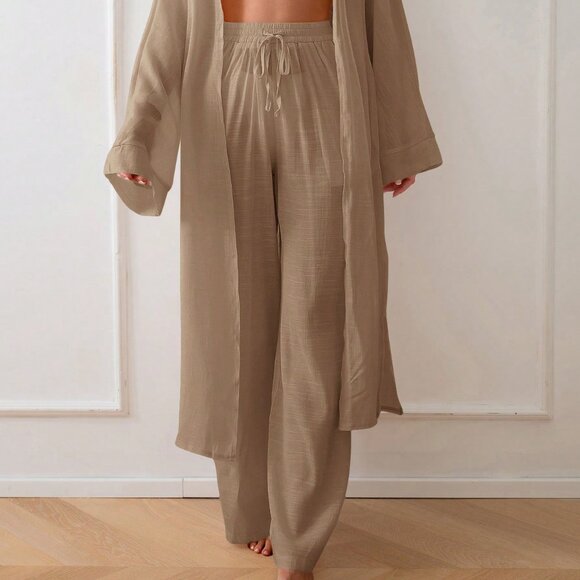 Brown Preppy Women's Long Sleeve Long Loose Kimono Style Cover Up - Picture 3 of 6